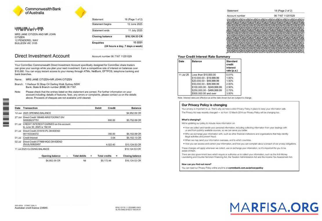 Realistic Australia Commonwealth account statement 2 pages sample